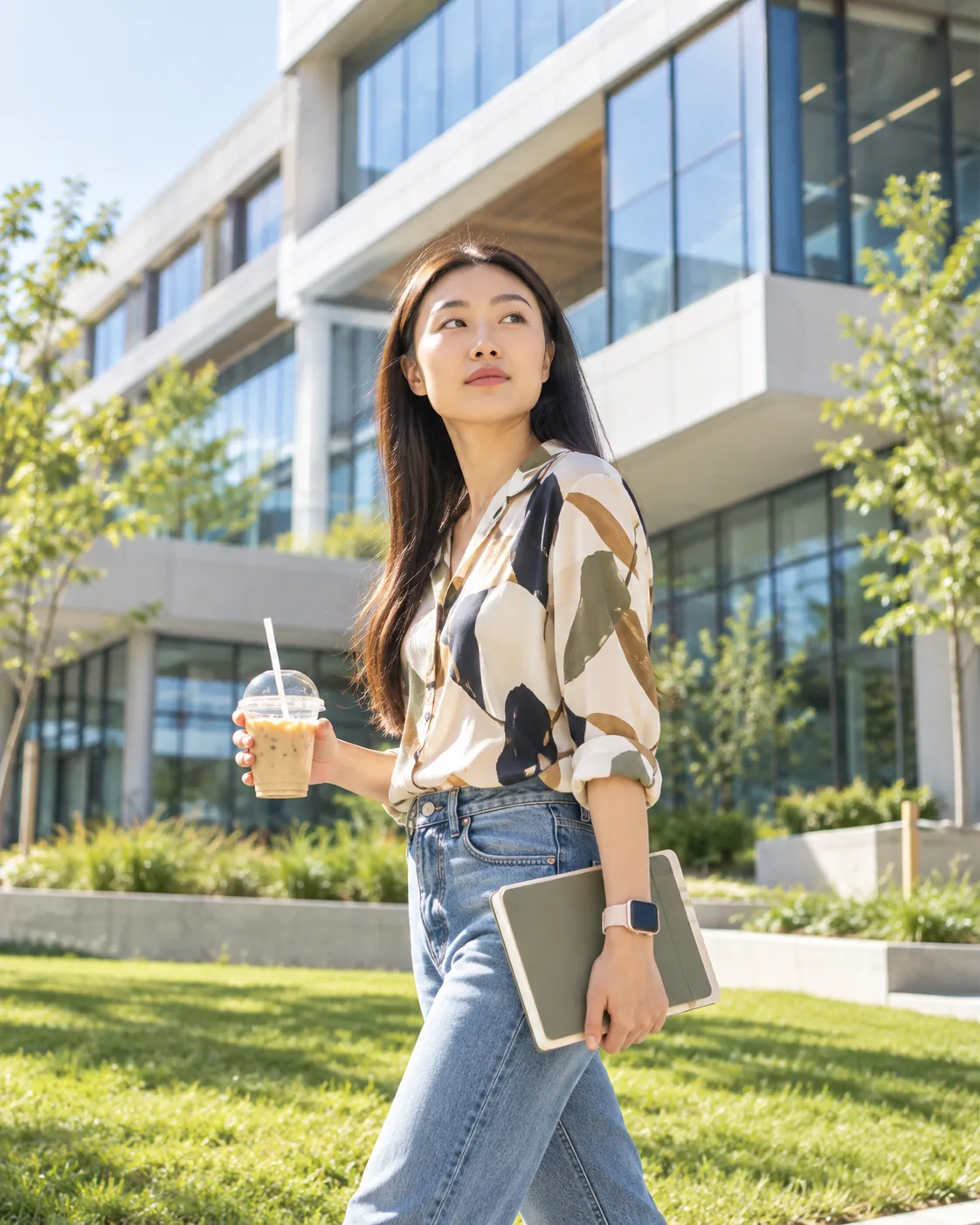A young professional walking outside a modern office building