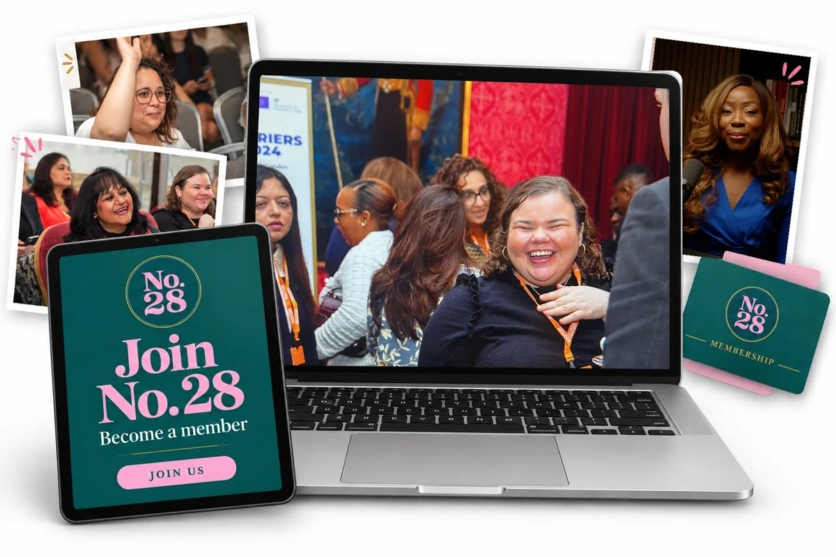 The No.28 platform on a laptop and tablet, surrounded by photos from No.28 events